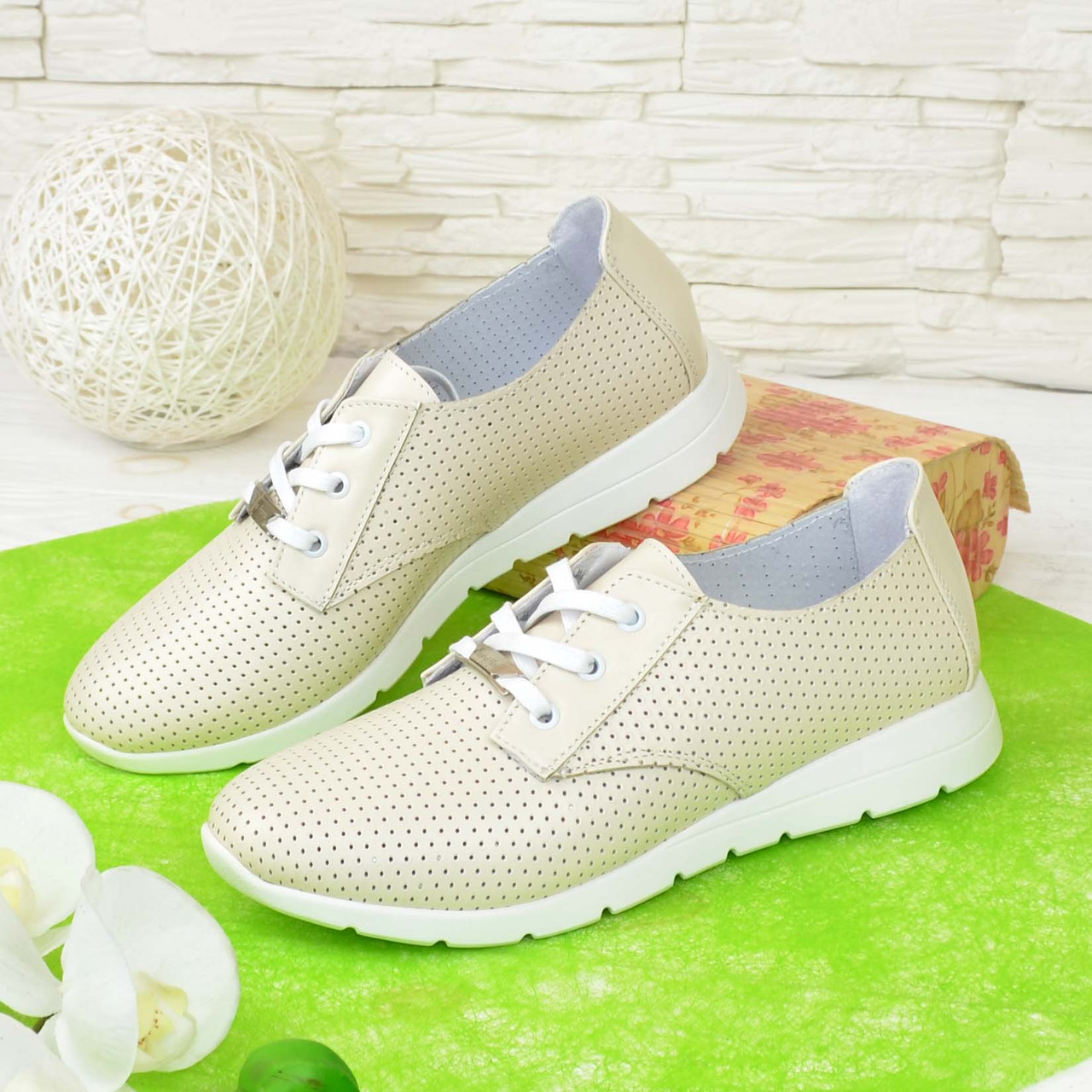 Мокасини жіночі шкіряні, наскрізна перфорація. Колір бежевий, фото 1