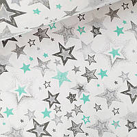 Фланелевая ткань для детских пеленок звёзды серые и мятные на белом, ш. 180 см