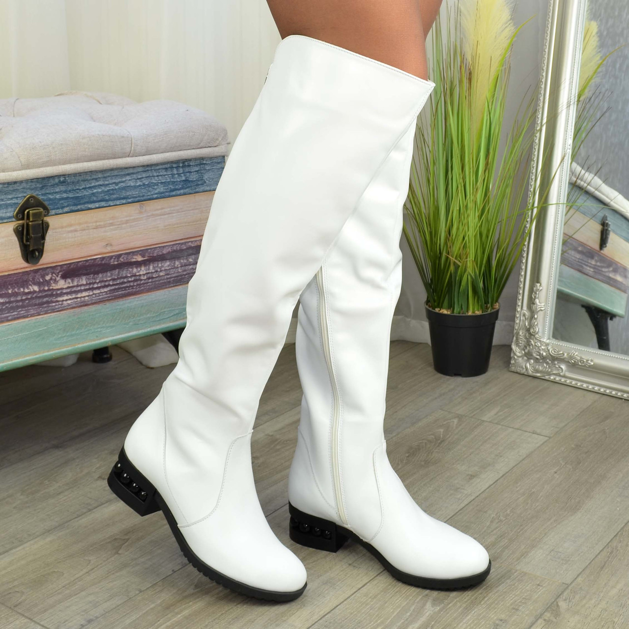 Жіночі ботфорти на маленькому підборах, натуральна біла шкіра, фото 1
