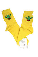✅ Жіночі яскраві шкарпетки з принтом кактус (Житомир, в рубчик, бавовна) | Шкарпетки якісні жовті з малюнком