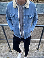 Куртка мужская джинсовая на меху зимняя голубая Турция, однотонная джинсовка с мехом теплая S, M, L, XL, XXL