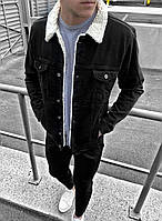 Куртка мужская джинсовая на меху зимняя черная Турция, однотонная джинсовка с мехом теплая S, M, L, XL, XXL