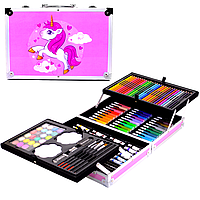Детский набор художника для творчества Единорог 145 предметов в алюминиевом чемодане (розовый)