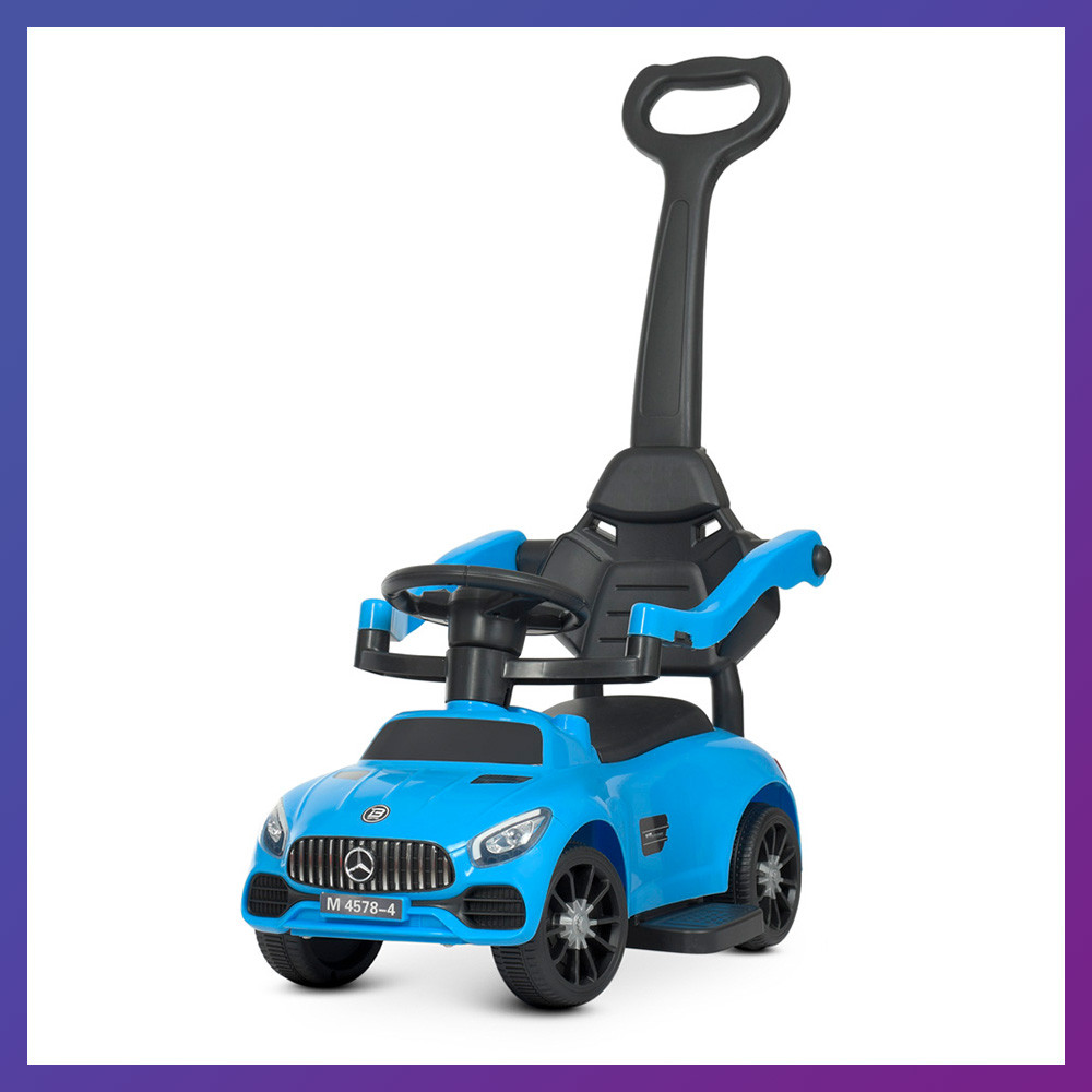 Дитяча каталка-толокар Mercedes М 4578 з батьківською ручкою 2 в 1 синій, фото 1