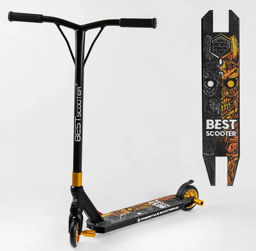 Трюковий самокат Best Scooter 51738 HIC-система, алюмінієвий диск і дека, колеса PU 110мм, пеги, ширина керма 52 см