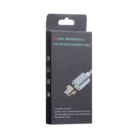 USB кабель магнітний Clip-On у тканинній обплетенні Micro 1m сріблястий, фото 2