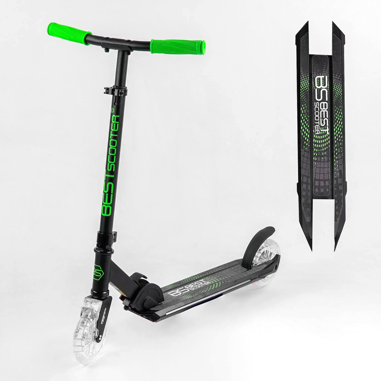 Самокат дитячий двоколісний для хлопчика дівчинки 4 5 6 років Best Scooter 69197 чорно-зелений, з підсвіткою