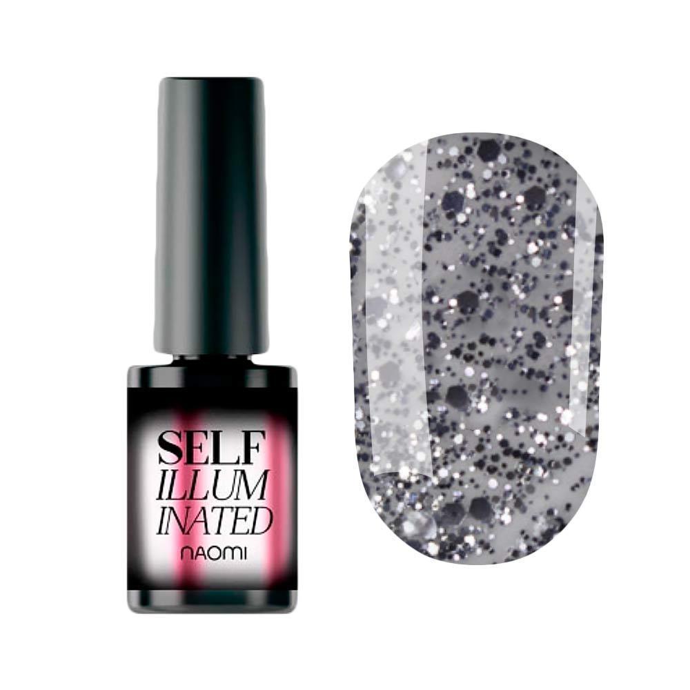 Гель-лак Naomi Self Illuminated SI 39, колір-димчасто-сріблясті блискітки та конфеті на прозорій основі, 6 мл.