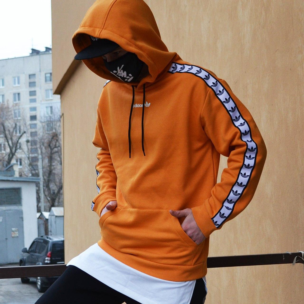 Кофта чоловіча зимова Adidas помаранчева худі тепла на флісі з капюшоном толстовка адідас
