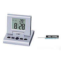 Настольные говорящие часы с будильником серый. VST-7059