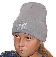 Стильная зимняя детская шапка с логотипом Нью Йорк New York NY для мальчика и для девочки Светло-серый