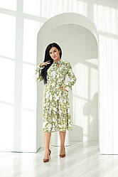 Сукня жіноча міді тканина софт з квітковим принтом кольору хакі