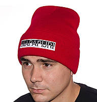 Стильная зимняя шапка Napapijri Напапири с отворотом мужская женская разные цвета Красный
