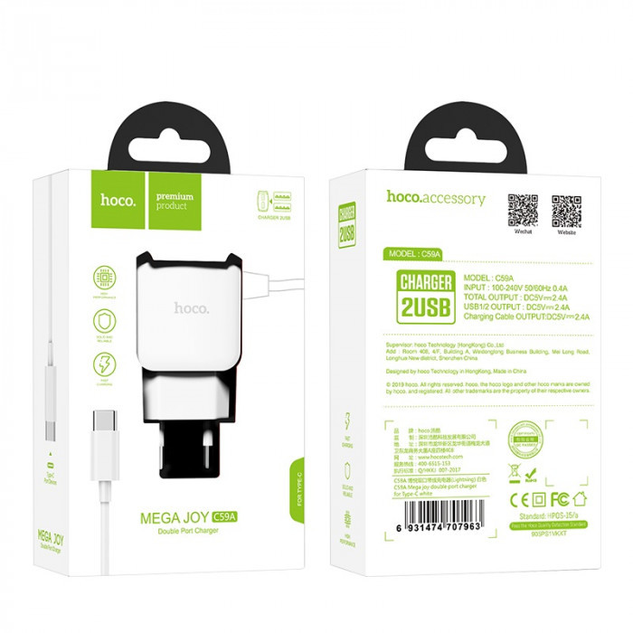 Мережевий зарядний пристрій Hoco C 59А (2USB / 2.4 A) з цільним кабелем Type-C - білий