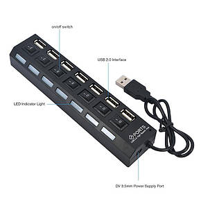 Розгалужувач хаб USB 2.0 KEBIDU на 7 портів з перемикачами і підсвічуванням 480 Мбіт/с, фото 3