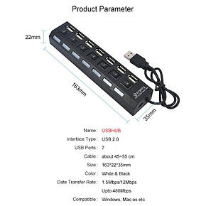 Розгалужувач хаб USB 2.0 KEBIDU на 7 портів з перемикачами і підсвічуванням 480 Мбіт/с, фото 4
