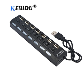 Розгалужувач хаб USB 2.0 KEBIDU на 7 портів з перемикачами і підсвічуванням 480 Мбіт/с, фото 1