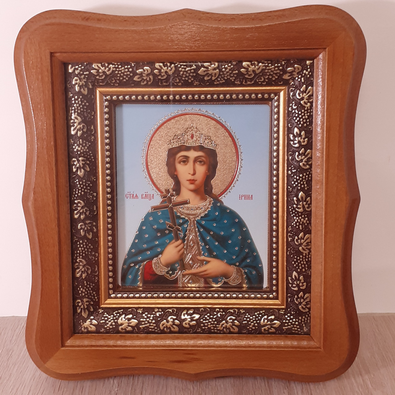 Ікона Ірина свята мучениця, лик 10х12 см, у світлому дерев'яному кіоті