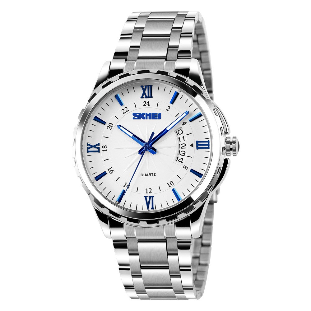 Skmei 9069 сріблясті з синім циферблатом чоловічі годинники