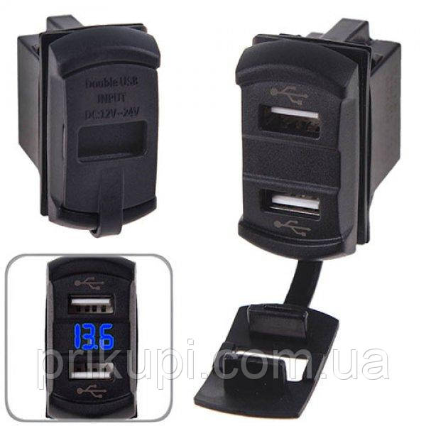 Автомобільний зарядний пристрій 2 USB 12-24V врізне + вольтметр (10258 USB-12-24V 2,1 A BLU)