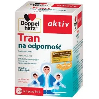 Doppelherz aktiv Tran Omega-3 риб'ячий жир з печінки тріски 120 капс невеликого зручного розміру, 2-4 капс /день