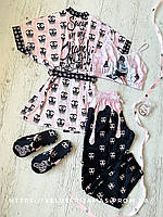 Комплект (пижама и халат) женский шелковый с принтом Chanel розовый