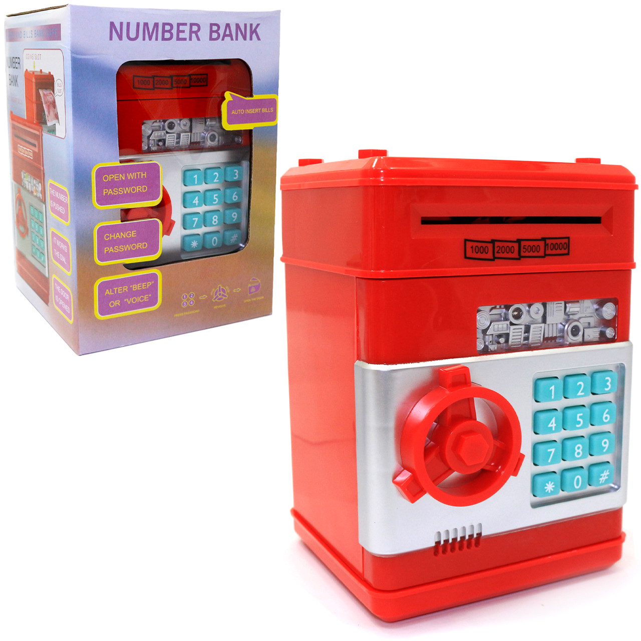 Скарбничка сейф з кодом, затягує купюри, музичний, червоний 13*13*18 см (1511), фото 1