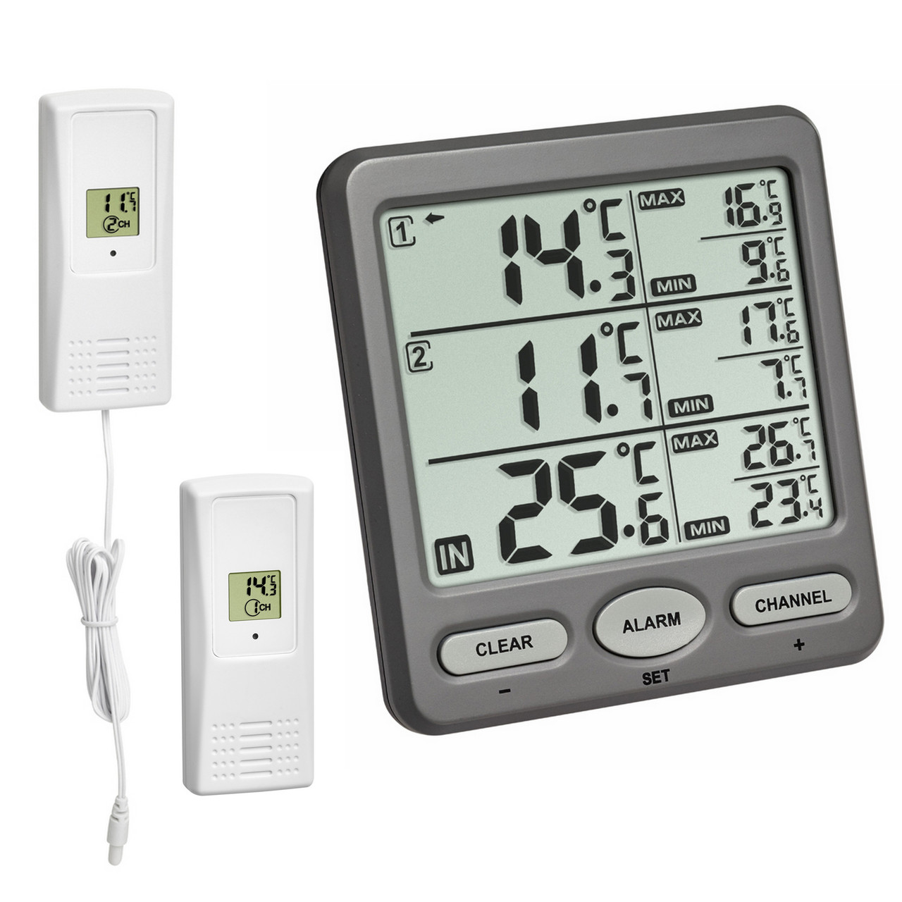 Термометр цифровий TFA "Trio", 2 зовнішніх радіодатчика, 116х24х126 мм