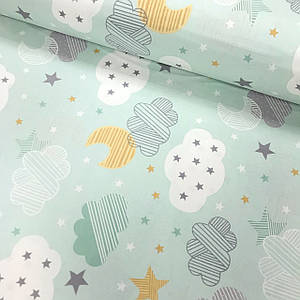 Тканина поплін великі хмари, місяць, зірки на м'ятному (ТУРЦІЯ шир. 2,4 м) (R-W-0428)