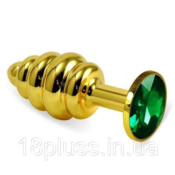 Металева анальна пробка із кристалом Heavy Metal Anal Gold Rosebud Spiral Metal Plug Green, фото 1