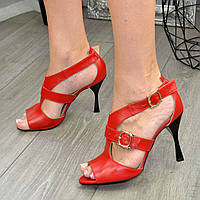 Босоножки женские кожаные на высоком каблуке, цвет красный. 38 размер