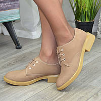 Туфли женские на маленьком каблуке, натуральная кожа нубук бежевого цвета. 39 размер
