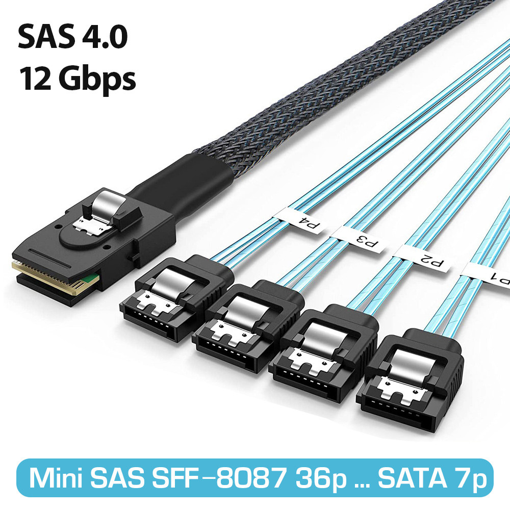 Кабель Mini SAS 4.0 12Gbps SFF-8087 36p на 4 SATA 7p, 0.5 м, для RAID контролера, майнінг CHIA Чіа, ферма