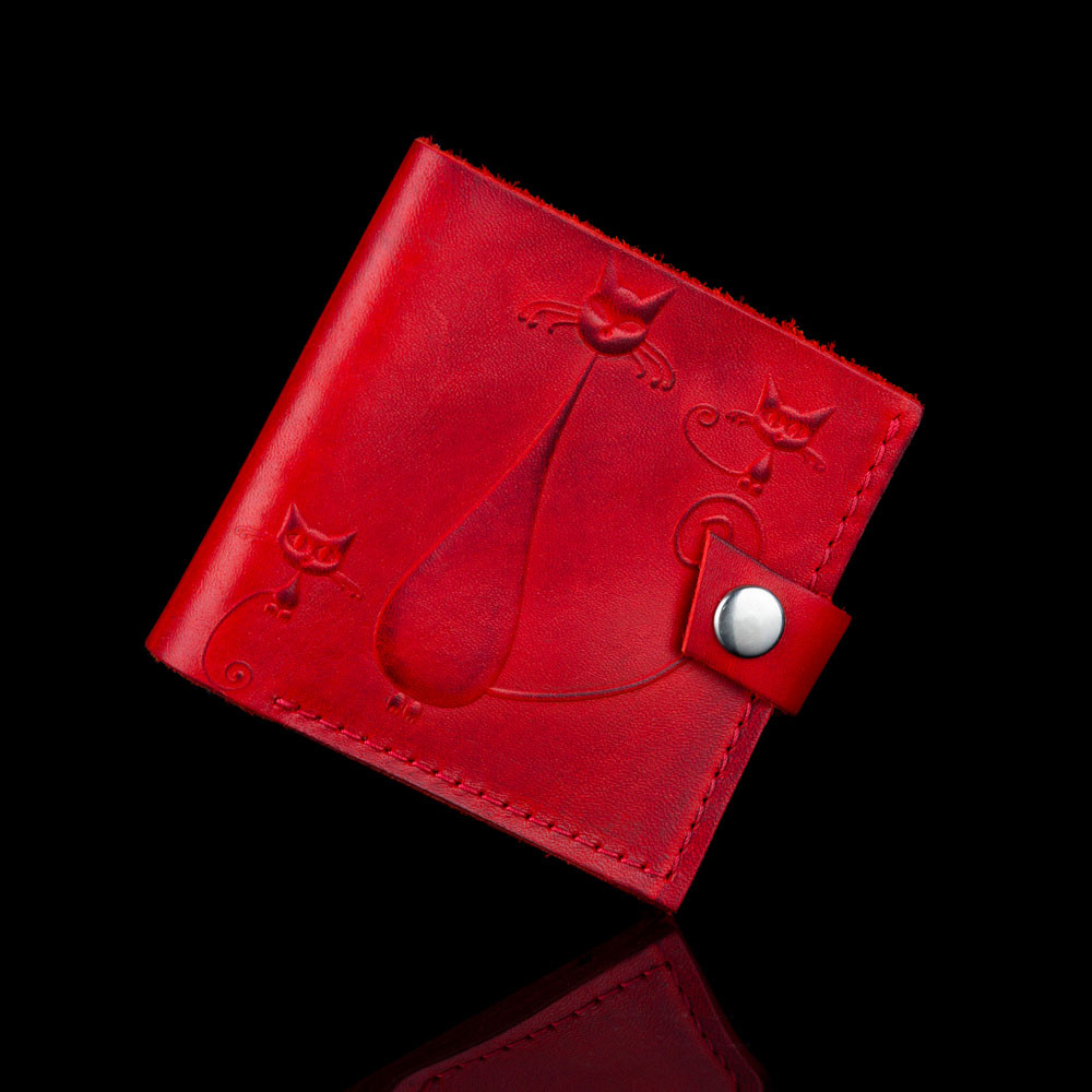 Шкіряний маленький гаманець портмоне жіночий ручної роботи KAFA "Кішки" червоний (2615)