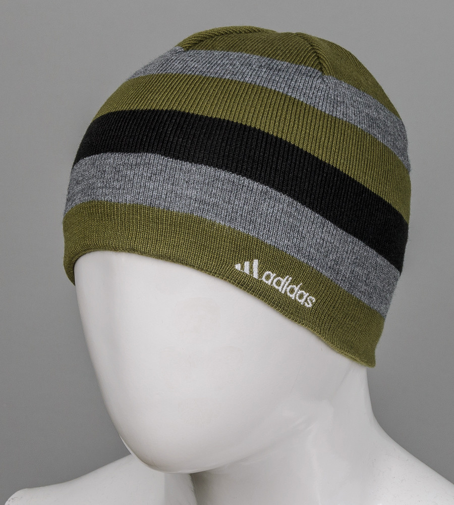 Шапка чоловіча Смужка з логотипом Adidas, Хакі з сірим і чорним