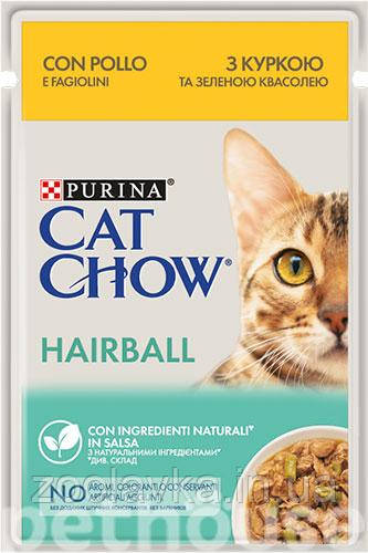 Cat Chow Hairball Ніжні шматочки з куркою та зеленою квасолею для котів 85г, фото 1