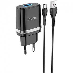 Зарядний пристрій HOCO N1 2.4A 1 Usb + кабель Type-C Black