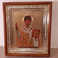 Икона Спиридон Тримифунский святитель, лик 15х18 см, в светлом прямом деревянном киоте