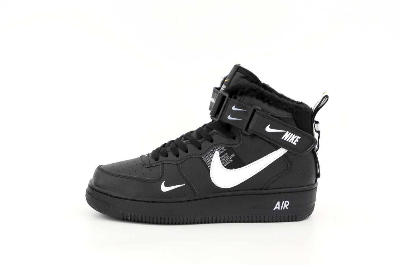 Зимові високі шкіряні кросівки Nike Air Force 1 Mid TM Black (Теплі кросівки на хутрі Найк Аір Форс чорні)