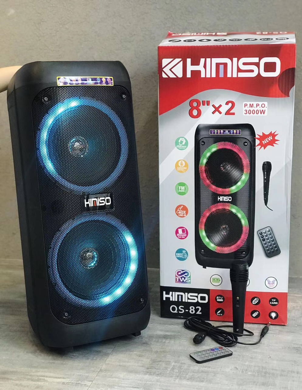 Колонка акумуляторна KIMISO Partybox QS-82 з мікрофоном (150 W/USB/BT/FM/TWS), фото 1