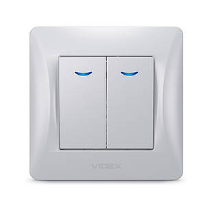 VIDEX BINERA Вимикач двоклавішний з підсвічуванням срібний шовк