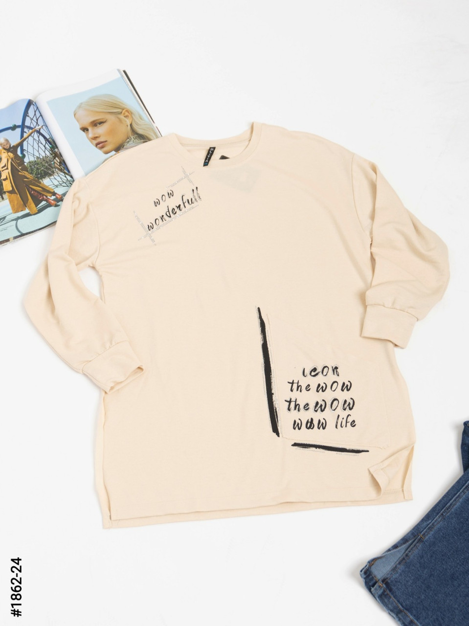 1862-24 Жіночий батнік з принтом двонитка напівбатал (3 од: S-M, M-L, L-XL), фото 1