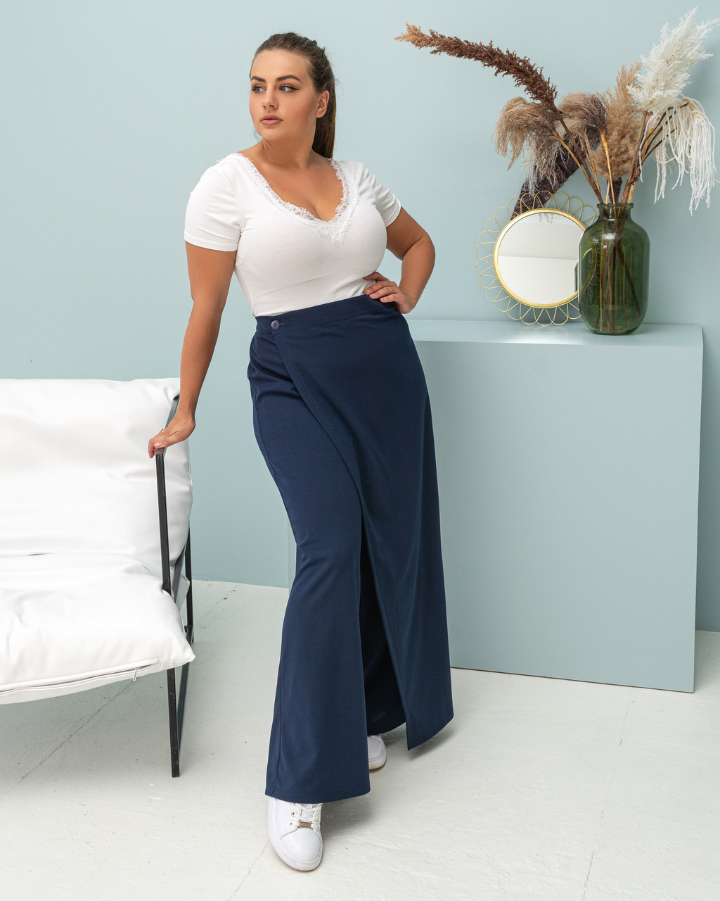 Стильні жіночі штани Палаццо із спідницею темно-сині (48-70), фото 1