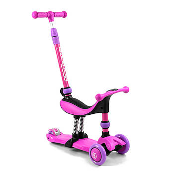 Дитячий триколісний самокат із сидінням 3 в 1 з батьківською ручкою Best Scooter BS-26566 Рожевий