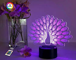 3D-нічник "Павлін" (ВОЛІЧНЕ ЗОБРАЖЕННЯ) + пульт ДК + мережевий адаптер + батарейки (3 ААА)  3DTOYSLAMP