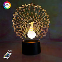 3D нічник "Павлін 2" (ВЧЕННЕ ЗОБРАЖЕННЯ) + пульт ДК + мережевий адаптер +  батарейки (3ААА)  3DTOYSLAMP