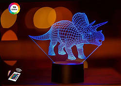 3D нічник "Трицераптор 2" (ВОЛІЧНЕ ЗОБРАЖЕННЯ) + пульт ДК + мережевий адаптер + батарейки (3ААА)  3DTOYSLAMP
