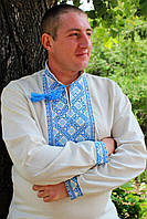 Мужская вышиванка "Матвей" на домотканом полотне с синей вышивкой