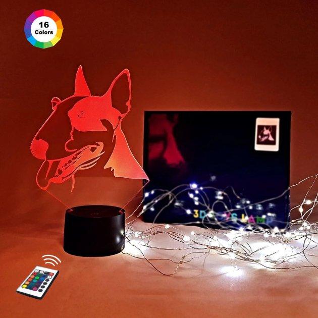 3D нічник "Бультер'єр" (ВОЛІЧНЕ ЗОБРАЖЕННЯ) + пульт ДК + мережевий адаптер + батарейки (3ААА) 3DTOYSLAMP