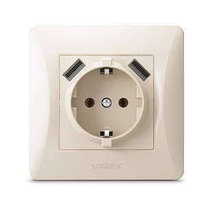 VIDEX BINERA Розетка одинарна із заземленням і 2USB кремова